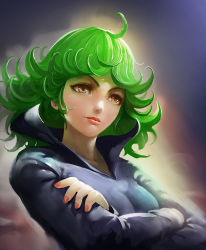 Rule 34 | 1girl, ahoge, black dress, brown eyes, close-up, collar, crossed arms, curly hair, dress, expressionless, green hair, highres, lips, nail polish, one-punch man, pink nails, realistic, short hair, solo, tatsumaki, turewindwalker, upper body