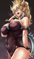 Rule 34 | 1girl, absurdres, arm behind back, armlet, armpits, bare shoulders, black background, blonde hair, blue eyes, blue gemstone, blush, bowsette, bracelet, breasts, cleavage, collar, colored eyelashes, cowboy shot, crown, dress, earrings, embarrassed, eyes visible through hair, fingernails, from side, gem, hair between eyes, hand to own mouth, highres, hikari (komitiookami), horns, jewelry, large breasts, leotard, long fingernails, long hair, looking at viewer, mario (series), navel, nintendo, parted bangs, pointy ears, ponytail, sharp teeth, simple background, skin tight, smile, solo, spiked armlet, spiked bracelet, spiked collar, spikes, standing, super crown, teeth