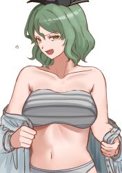 Rule 34 | 1girl, :d, absurdres, breasts, chest sarashi, collarbone, commentary, green eyes, green hair, hat, heart, highres, karubo 100sei, large breasts, looking at viewer, navel, open mouth, sarashi, short hair, simple background, smile, soga no tojiko, solo, touhou, upper body, white background