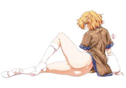 Rule 34 | 1girl, arm warmers, ass, bad id, bad twitter id, blonde hair, boots, bottomless, full body, green eyes, knee boots, legs, looking at viewer, looking back, mizuhashi parsee, no panties, ootsuki wataru, pointy ears, short hair, socks, solo, touhou, transparent background, white background, white footwear