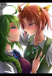 Rule 34 | 2girls, :3, ahoge, blouse, blue eyes, blue neckwear, blush, bow, bowtie, breasts, brown hair, closed mouth, couple, dress, eye contact, face-to-face, female focus, gloves, green hair, green ribbon, green vest, hair between eyes, hair ribbon, hand up, highres, kabedon, kagerou (kancolle), kantai collection, long hair, long sleeves, looking at another, medium breasts, mole, mole under mouth, multiple girls, neck, neck ribbon, parted bangs, pink eyes, purple dress, remodel (kantai collection), ribbon, school uniform, serious, shirt, short hair, smile, sweat, tatetsuki, twintails, upper body, very long hair, vest, wavy mouth, white shirt, yellow ribbon, yuri, yuugumo (kancolle)