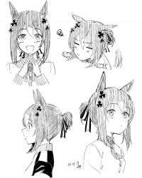 Rule 34 | 1girl, :d, = =, animal ears, artist name, ascot, blush, closed mouth, clover hair ornament, collared shirt, dated, fine motion (umamusume), greyscale, hair bun, hair ornament, highres, horse ears, jacket, kawashina (momen silicon), looking afar, looking at viewer, medium hair, monochrome, multiple views, open mouth, own hands together, shirt, single hair bun, smile, squiggle, track jacket, umamusume