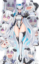 Rule 34 | 1girl, @ @, aoyama yoshino, azur lane, black gloves, bocchi the rock!, breasts, charleian, commentary, covered navel, crossed legs, expressions, full body, gloves, gotoh hitori, groin, hair between eyes, headgear, highleg, highleg leotard, highres, kearsarge (azur lane), large breasts, leotard, long hair, looking at viewer, open mouth, purple eyes, rudder footwear, shrug (clothing), sideboob, sidelocks, single thighhigh, skindentation, standing, sweat, taut leotard, tears, thighhighs, trembling, turn pale, twitter username, two-tone leotard, very long hair, voice actor connection, watson cross, white hair, white leotard, white shrug, white thighhighs