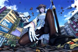 Rule 34 | 2girls, absurdres, animal ears, atago (azur lane), azur lane, dog ears, dog girl, explosion, giant, giantess, gloves, highres, katana, loafers, looking at viewer, military, military uniform, missile, multiple girls, naval uniform, on one knee, outstretched hand, pantyhose, rawlelappland, rigging, shoes, sky, sword, takao (azur lane), thighband pantyhose, uniform, weapon