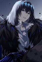 Rule 34 | 1boy, alternate hair color, arthropod boy, black butterfly, black hair, blue eyes, bug, butterfly, cloak, collared shirt, commentary, crown, dark persona, diamond hairband, expressionless, fate/grand order, fate (series), fur-trimmed cloak, fur collar, fur trim, highres, insect, insect wings, long sleeves, looking at viewer, male focus, medium hair, oberon (fate), oberon (third ascension) (fate), official alternate costume, oyasumi dm, shirt, solo, spoilers, upper body, white shirt, wings