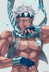 Rule 34 | 1boy, bubble, caesar anthonio zeppeli, facial mark, feather hair ornament, feathers, fighting stance, glowing, glowing eyes, green eyes, hair ornament, headband, hydrokinesis, jojo no kimyou na bouken, male focus, official alternate costume, open clothes, open vest, solo, vest, water, white hair, yamu1620