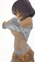 Rule 34 | 1girl, absurdres, akagi (fmttps), bob cut, breasts, brown hair, clothes lift, clothes pull, cowboy shot, dark-skinned female, dark skin, eyes visible through hair, girls und panzer, gloves, green eyes, highres, hoshino (girls und panzer), jumpsuit, lifting own clothes, mechanic, medium breasts, nipples, no bra, orange jumpsuit, panties, pants, pants pull, perky breasts, shirt lift, short hair, side-tie panties, solo, underboob, underwear, undressing, white background, white panties