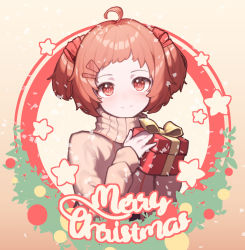 Rule 34 | 1girl, absurdres, ahoge, arknights, beagle (arknights), beudelb, blush, box, brown sweater, closed mouth, cropped torso, gift, gift box, gradient background, hair ornament, hairclip, highres, holding, holding gift, looking at viewer, merry christmas, orange background, orange hair, red eyes, short hair, smile, solo, star (symbol), sweater, turtleneck, turtleneck sweater, two side up, upper body, wreath