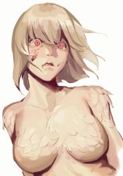 Rule 34 | 1girl, absurdres, blood, blood on face, breasts, brown hair, dungeon meshi, falin touden, falin touden (chimera), feathers, floating hair, highres, large breasts, light brown hair, looking at viewer, monster girl, nude, parted lips, red eyes, short hair, simple background, slit pupils, solo, spoilers, upper body, white background, wide-eyed, xia25523