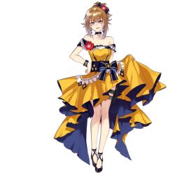 Rule 34 | 1girl, alternate hairstyle, bracelet, brown hair, choker, dress, earrings, formal, full body, girls&#039; frontline, grizzly mkv (girls&#039; frontline), grizzly mkv (starry night ball) (girls&#039; frontline), gun, handgun, holster, jewelry, l.a.r. manufacturing, lar grizzly win mag, looking at viewer, off-shoulder dress, off shoulder, official alternate costume, official art, purple eyes, realmbw, smile, solo, thigh holster, transparent background, weapon