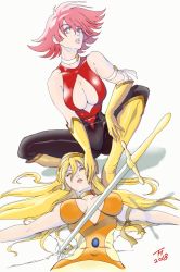 Rule 34 | 2girls, armband, blonde hair, boots, breasts, choker, cleavage, commentary request, cutie honey, cutie honey (character), closed eyes, eyes visible through hair, gloves, hairband, heart, highres, kisaragi honey, kujira gunsou, large breasts, lips, long hair, lying, magical girl, multiple girls, on back, open mouth, pink eyes, pink hair, short hair, sword, weapon