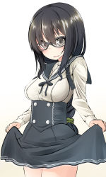 Rule 34 | 1girl, bad id, bad pixiv id, beige background, black-framed eyewear, black eyes, black hair, black ribbon, blush, braid, breasts, buttons, clothes lift, cowboy shot, double-breasted, glasses, gradient background, hair ornament, hair scrunchie, highres, lace, lace-trimmed skirt, lace trim, long hair, long sleeves, looking at viewer, nekobaka, open mouth, original, ribbon, scrunchie, simple background, single braid, skirt, skirt hold, skirt lift, solo, wavy mouth