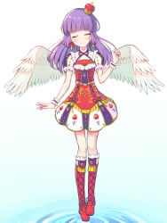 Rule 34 | 1girl, absurdres, aikatsu!, aikatsu! (series), blue background, blush, boots, closed eyes, closed mouth, commentary request, cross-laced footwear, crown, dress, earrings, facing viewer, feathered wings, gradient background, hand up, head tilt, highres, hikami sumire, jewelry, knee boots, lace-up boots, long hair, makiaato, mini crown, multicolored clothes, multicolored dress, puffy short sleeves, puffy sleeves, purple hair, red footwear, ripples, short sleeves, smile, solo, water, white background, white wings, wings, wrist cuffs