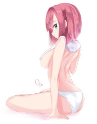 Rule 34 | 1girl, absurdres, backboob, breasts, green eyes, highres, mochizuki momiji, mojomaru#, new game!, pink hair, short twintails, signature, simple background, solo, topless, towel, towel around neck, towel over breasts, twintails, underwear, underwear only, white background