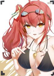 Rule 34 | 1girl, a907514173, absurdres, ahoge, azur lane, battery indicator, bikini, black bikini, blush, breasts, cleavage, collarbone, commentary, floral print, goggles, goggles on head, hair ornament, highres, italian flag, large breasts, light blush, looking at viewer, navel, o-ring, o-ring top, open mouth, parted lips, red hair, side ponytail, simple background, solo, star (symbol), star hair ornament, stomach, string bikini, swimsuit, two-tone background, upper body, whistle, yellow eyes, zara (azur lane), zara (poolside coincidence) (azur lane)