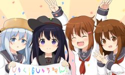 Rule 34 | 4girls, :d, ^ ^, akatsuki (kancolle), anchor symbol, arms up, black hair, black headwear, black sailor collar, blue eyes, blue hair, blush, brown eyes, brown hair, chestnut mouth, closed eyes, closed mouth, commentary request, confetti, double w, fang, flat cap, hair between eyes, hair ornament, hairclip, hat, hibiki (kancolle), holding, ikazuchi (kancolle), inazuma (kancolle), kantai collection, long hair, mitya, multiple girls, neckerchief, open mouth, parted lips, pot on head, purple eyes, red neckerchief, remodel (kantai collection), sailor collar, school uniform, serafuku, shirt, smile, sunburst, sunburst background, translation request, twitter username, upper body, w, white shirt