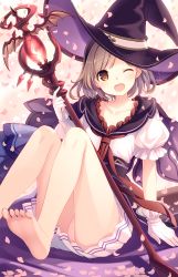 Rule 34 | 10s, 1girl, ;d, arm at side, bare legs, barefoot, black cape, black hat, blonde hair, blush, brown eyes, cape, collarbone, djeeta (granblue fantasy), feet, frilled sleeves, frills, gem, gloves, granblue fantasy, hat, head tilt, holding, holding staff, looking at viewer, one eye closed, open mouth, panties, pantyshot, petals, pink panties, pleated skirt, puffy short sleeves, puffy sleeves, red gemstone, sash, short hair, short sleeves, sitting, skirt, smile, soles, solo, staff, underwear, upskirt, white gloves, witch hat, yashiro seika