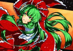Rule 34 | 1girl, bad id, bad twitter id, dress, frilled ribbon, frills, from side, front ponytail, gradient background, green hair, hair ribbon, kagiyama hina, long hair, looking at viewer, open mouth, orange background, qqqrinkappp, red background, red dress, red ribbon, ribbon, smile, solo, touhou, traditional media, upper body