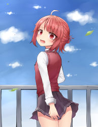 Rule 34 | absurdres, blush, clothes lift, highres, looking back, neit ni sei, original, red eyes, red hair, school uniform, skirt, skirt lift, tagme, wind, wind lift