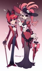 Rule 34 | 1boy, 1girl, :&gt;, absurdres, alastor (hazbin hotel), alternate costume, animal ears, antlers, ascot, back bow, black bow, black bowtie, black dress, black eyes, black footwear, black gloves, black hair, black headwear, black lips, black pants, bow, bowtie, brown background, bustier, cane, chinese commentary, chunjian (chenlu769), closed mouth, coat, colored sclera, commentary request, curly hair, dated, deer antlers, deer boy, deer ears, dress, eyelashes, eyes visible through hair, frilled sleeves, frills, full body, gloves, gradient background, grey vest, hand up, hat, hat feather, hat ornament, hazbin hotel, high collar, highres, holding, holding cane, holding umbrella, horns, jewelry, juliet sleeves, long dress, long sleeves, looking at viewer, mermaid dress, monocle, multicolored hair, open clothes, open coat, pants, pink background, planted, planted umbrella, puffy sleeves, purple background, red-tinted eyewear, red coat, red eyes, red hair, red sclera, red umbrella, ring, rosie (hazbin hotel), shirt, short hair, simple background, skull, skull hat ornament, smile, solid eyes, standing, tinted eyewear, top hat, traditional bowtie, two-tone hair, umbrella, vest, white ascot, white background, white bustier, white shirt