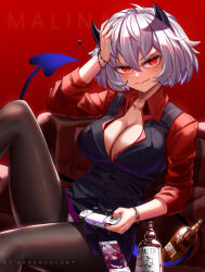 Rule 34 | 1girl, black pantyhose, breasts, cleavage, closed mouth, collarbone, collared shirt, controller, demon girl, demon horns, demon tail, enma (enmanuelart), frown, game controller, hand on own head, helltaker, highres, holding, holding controller, holding game controller, horns, large breasts, long sleeves, looking at viewer, malina (helltaker), medium hair, pantyhose, red eyes, red shirt, shirt, sitting, sleeves rolled up, solo, tail, vest, white hair