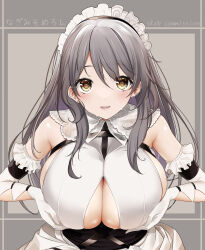 Rule 34 | 1girl, artist name, azur lane, breasts, breasts squeezed together, charybdis (azur lane), clothing cutout, commission, earrings, elbow gloves, gloves, grey background, grey hair, highres, jewelry, long hair, looking at viewer, maid, maid headdress, misato nagi, open mouth, sideboob, skeb commission, solo, underboob cutout, upper body, white gloves, yellow eyes