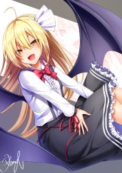 Rule 34 | 1girl, ahoge, bat wings, black skirt, black wings, blonde hair, bow, bowtie, breasts, center frills, collared shirt, fang, frilled skirt, frills, hair ribbon, heart, heart-shaped pupils, kurumi (touhou), long hair, long sleeves, open mouth, red bow, red bowtie, red ribbon, ribbon, sea scorpion (umisasori), shirt, signature, skirt, small breasts, solo, suspender skirt, suspenders, symbol-shaped pupils, touhou, touhou (pc-98), very long hair, white ribbon, white shirt, wings, yellow eyes