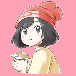 Rule 34 | 1girl, :t, beanie, black hair, blush, closed mouth, commentary request, creatures (company), eating, eyelashes, food, game freak, grey eyes, hands up, hat, highres, holding, holding food, korean commentary, looking back, malasada, nintendo, nutkingcall, outline, pink background, pokemon, pokemon sm, red hat, selene (pokemon), shirt, short hair, simple background, solo, upper body, yellow shirt