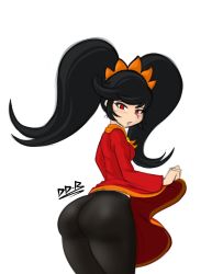 Rule 34 | 1girl, ashley (warioware), ass, big hair, black hair, black pantyhose, blush, dodo-bot, dress, embarrassed, female focus, from behind, hairband, highres, long hair, long sleeves, looking at viewer, looking back, nintendo, orange hairband, orange neckwear, pantyhose, parted lips, red dress, red eyes, sidelocks, signature, simple background, solo, standing, twintails, upskirt, warioware, white background, witch
