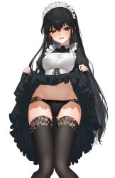Rule 34 | 1girl, alternate costume, apron, black eyes, black hair, black panties, black thighhighs, blush, breasts, clothes lift, commentary request, dress, dress lift, enmaided, eyelashes, fingernails, frilled apron, frills, gluteal fold, groin, hair between eyes, half-closed eyes, highres, juliet sleeves, knees together feet apart, lace, lace-trimmed legwear, lace-trimmed panties, lace trim, legs, lifting own clothes, long dress, long hair, long legs, long sleeves, looking at viewer, maid, maid apron, medium breasts, navel, open mouth, original, panties, puffy sleeves, sidelocks, simple background, skirt, skirt lift, solo, standing, stomach, thighhighs, uhhgaoh, underwear, very long hair, waist apron, white apron, white background