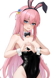 Rule 34 | 1girl, absurdres, animal ears, artist name, bare shoulders, black bow, black bowtie, black hairband, black leotard, blue eyes, bocchi the rock!, bow, bowtie, breasts, cleavage, collar, collarbone, covered navel, cube hair ornament, curvy, dated, detached collar, fingernails, gotoh hitori, groin, hair between eyes, hair ornament, hairband, heart, heart hands, highleg, highleg leotard, highres, large breasts, leotard, long hair, looking at viewer, one side up, open mouth, pink hair, playboy bunny, rabbit ears, shaded face, shiny skin, simple background, solo, strapless, strapless leotard, sweatdrop, very long hair, white background, white collar, white wrist cuffs, wide hips, wish-tf, wrist cuffs