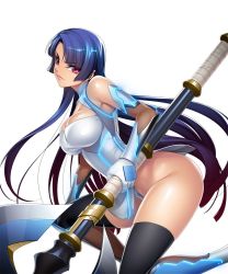Rule 34 | 00s, 1girl, axe, bare shoulders, battle axe, blue hair, bodysuit, boots, breasts, dress, elbow gloves, female focus, gloves, highres, holding, holding weapon, image sample, kagami hirotaka, large breasts, long hair, looking at viewer, no bra, official art, panties, ponytail, red eyes, short dress, simple background, smile, solo, source request, taimanin (series), taimanin asagi, taimanin murasaki, thighhighs, thong, underwear, weapon, white background, white panties, yatsu murasaki