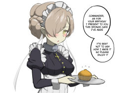 Rule 34 | 1girl, azur lane, blush, braid, breasts, cake, cupcake, english text, food, hair over one eye, highres, looking at viewer, maid, maid headdress, medium breasts, parallelrey, sheffield (azur lane), short hair, simple background, solo, speech bubble, sponge cake, upper body, white background, yellow eyes