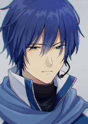 Rule 34 | 1boy, black shirt, blue eyes, blue hair, blue scarf, coat, commentary, grey background, half-closed eyes, headset, kaito (vocaloid), kaito (vocaloid3), looking at viewer, male focus, nokuhashi, portrait, scarf, shirt, solo, turtleneck, vocaloid, white coat
