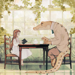 Rule 34 | 1girl, animal, animal in clothes, barefoot, book, brown hair, chair, child, crocodile, crocodilian, cup, dress, formal, from side, highres, holding, holding book, indoors, ivy, jacket, leaf, long hair, original, pants, plant, reading, sitting, suit, table, teacup, teapot, tono (rt0no), vines, white dress, window