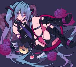 Rule 34 | absurdres, bare shoulders, belt collar, black footwear, blue eyes, blue hair, blue necktie, boots, collar, commentary request, cosmetics, crown, detached sleeves, fingernails, flower, hatsune miku, high heel boots, high heels, highres, index finger raised, long hair, long sleeves, looking at viewer, mochizuki kei, multicolored eyes, nail polish, necktie, red eyes, red nails, rose, sleeves past wrists, smile, solo, very long hair, vocaloid
