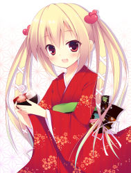 Rule 34 | 1girl, :d, blonde hair, bow, bowl, food, hair bow, hair ornament, hair ribbon, holding, izumiyuhina, japanese clothes, kimono, looking at viewer, open mouth, original, red eyes, ribbon, smile, solo, twintails, zouni soup