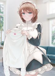 Rule 34 | 1girl, apron, artist name, blue eyes, blush, breasts, chowbie, commentary request, couch, dress, hat, highres, jealous, light brown hair, lipstick mark, looking at viewer, maid, maid apron, maid headdress, medium breasts, original, pout, shirt, sitting, solo, tree, wariza, white hat, white shirt