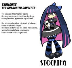Rule 34 | 1girl, blue hair, bow, colored inner hair, concept art, dress, english text, gothic lolita, green eyes, hair bow, honekoneko (psg), lolita fashion, long hair, multicolored hair, panty &amp; stocking with garterbelt, parody, pigeon-toed, pink hair, skullgirls, solo, stocking (psg), striped clothes, striped thighhighs, stuffed animal, stuffed cat, stuffed toy, style parody, sukaponta, thighhighs, two-tone hair, very long hair