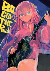 Rule 34 | 1girl, absurdres, blue eyes, bocchi the rock!, copyright name, cube hair ornament, electric guitar, feet out of frame, gotoh hitori, guitar, hair between eyes, hair ornament, highres, holding, holding instrument, instrument, jacket, kaamin (mariarose753), long hair, long sleeves, music, parted lips, pink hair, pink jacket, playing instrument, sidelocks, solo, track jacket