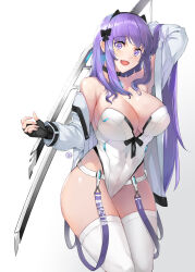Rule 34 | 1girl, arm up, bare shoulders, black bow, black gloves, bodysuit, bow, breasts, commentary, copyright request, covered navel, earrings, fang, fingerless gloves, gloves, hair bow, highres, holding, holding sword, holding weapon, jacket, jewelry, large breasts, leotard, long hair, looking at viewer, off shoulder, open clothes, open jacket, open mouth, purple eyes, purple hair, simple background, skin fang, solo, sword, thighhighs, very long hair, weapon, white background, white jacket, white leotard, white thighhighs, wookyung