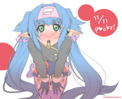 Rule 34 | 1girl, bad id, bad pixiv id, bent over, blue eyes, blue hair, blush, child, face, flat chest, food, foreshortening, headband, klan klein, kuroko, long hair, macross, macross frontier, matching hair/eyes, meltrandi, mouth hold, pocky, pocky kiss, pointy ears, shared food, solo, twintails, very long hair, zentradi