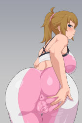 Rule 34 | 1girl, anus, anus peek, ass, ass focus, blue eyes, breasts, brown hair, cameltoe, covered anus, covered erect nipples, cowboy shot, gundam, gundam build fighters, gundam build fighters try, highres, hoshino fumina, impossible clothes, lancer24, large breasts, leaning forward, ponytail, skin tight, solo, sports bra, spread pussy under clothes