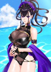 Rule 34 | 1girl, absurdres, armlet, bare shoulders, black gloves, black one-piece swimsuit, breasts, covered navel, fate/grand order, fate (series), fingerless gloves, flower, gloves, gold trim, hair flower, hair ornament, hair up, half gloves, highleg, highleg swimsuit, highres, huge filesize, large breasts, long hair, looking at viewer, murasaki shikibu (fate), murasaki shikibu (swimsuit rider) (fate), murasaki shikibu (swimsuit rider) (first ascension) (fate), ocean, one-piece swimsuit, purple eyes, purple hair, shiochan, solo, swimsuit, thighs