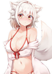 Rule 34 | 1girl, animal ear fluff, animal ears, bikini, blush, breasts, closed mouth, collarbone, commentary request, crossed arms, inubashiri momiji, large breasts, multicolored eyes, navel, red eyes, rururiaru, short hair, simple background, solo, swimsuit, tail, touhou, white background, white bikini, white hair, wolf ears, wolf girl, wolf tail, yellow eyes