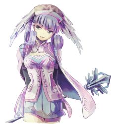 Rule 34 | 1girl, blue eyes, braid, breasts, cape, crown braid, curly hair, dress, gloves, hat, head wings, highres, long hair, long sleeves, looking at viewer, medium breasts, melia antiqua, puffy sleeves, short dress, silver hair, simple background, smile, solo, thighhighs, upper body, wings, xenoblade chronicles (series), xenoblade chronicles 1, yamayamag1