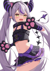 Rule 34 | 1girl, :d, absurdres, ahoge, alternate costume, alternate hairstyle, animal ears, animal hands, black camisole, black horns, black skirt, braid, braided bangs, camisole, cat ears, collar, commentary, crop top, demon girl, demon horns, extra ears, fake animal ears, fang, frilled camisole, frills, gloves, grey hair, hair between eyes, highres, hololive, horns, kag tsukimi, la+ darknesss, layered skirt, long hair, looking at viewer, microskirt, midriff, multicolored hair, navel, open mouth, paw gloves, petite, pointy ears, purple hair, purple skirt, skin fang, skirt, slit pupils, smile, solo, stomach, streaked hair, striped horns, tail, twintails, v-shaped eyebrows, very long hair, virtual youtuber, yellow eyes