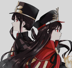 Rule 34 | 1boy, 1girl, black cape, brother and sister, cape, collared cape, expressionless, family crest, fate/grand order, fate (series), fiery hair, from side, grey background, hat, highres, looking ahead, low ponytail, medallion, military hat, oda nobukatsu (fate), oda nobunaga (fate), oda uri, peaked cap, red cape, shako cap, siblings, simple background, tight top, trap, user nfzt2852