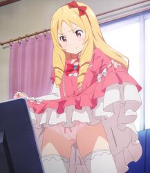 Rule 34 | 1girl, a-1 pictures, anime screenshot, blonde hair, blush, bow, bow hairband, bow panties, bowtie, brooch, brown eyes, cameltoe, cleft of venus, closed mouth, clothes lift, coach, computer, cowboy shot, curtains, day, dress, drill hair, eromanga sensei, frilled dress, frilled panties, frilled thighhighs, frills, gem, gluteal fold, hair bow, hairband, highres, indoors, jewelry, laptop, layered dress, layered sleeves, lifting own clothes, lolita fashion, long hair, long sleeves, panties, parted bangs, pink bow, pink dress, pink panties, pointy ears, puffy short sleeves, puffy sleeves, red bow, red hairband, screencap, short over long sleeves, short sleeves, sidelocks, skirt, skirt hold, skirt lift, solo, standing, stitched, tareme, thighhighs, third-party edit, twin drills, underwear, white bow, white thighhighs, window, yamada elf, zettai ryouiki