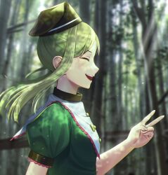 Rule 34 | 1girl, :d, arm behind back, bamboo, black hat, breasts, c i an, closed eyes, commentary request, dress, green dress, green hair, happy, hat, highres, open mouth, puffy short sleeves, puffy sleeves, short hair with long locks, short sleeves, small breasts, smile, solo, tate eboshi, teeth, teireida mai, touhou, upper body, upper teeth only, v